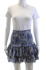Isabel Marant Etoile Womens Smocked Floral Motif Tiered Skirt Blue Cotton FR 34