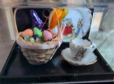 DOLLHOUSE REUTTER PORCELAIN Easter Basket Plate SET  MINIATURES 1:12 scale