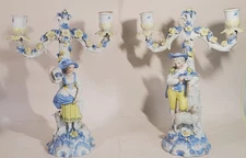 Pair Antique Joseph Gaspard Robert Porcelain Figural Candelabras Blue w Yellow
