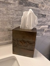 Square Kleenex Tissue Box Cover Bronze/Brass Tone Metal Embossed Floral Design