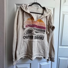 TechStyles Women Large Outer Banks Beige Ecru Distressed Beach Pullover Hoodie