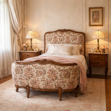 ANTIQUE FRENCH LOUIS SINGLE BED - SLATTED BASE  - FLORAL VELVET - WOOD FRAME