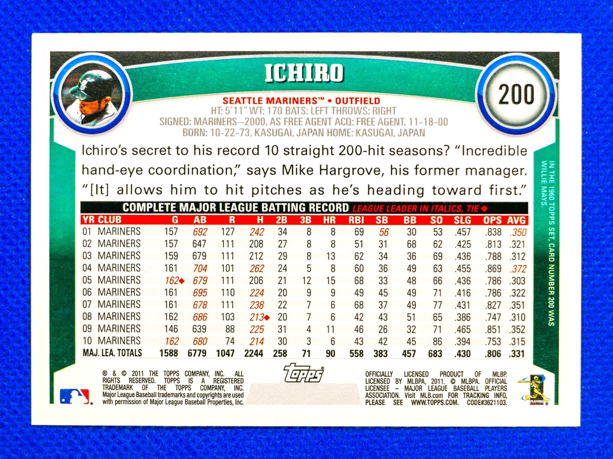 Ichiro Suzuki #200 (2011 Topps) Baseball Card, Seattle Mariners