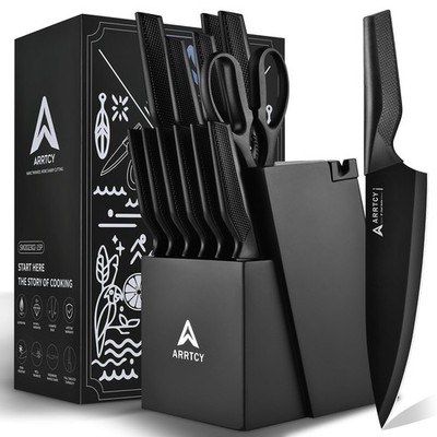 Knife Set with Block - Kitchen Knife Set German High-Carbon Steel - 15-Piece ...