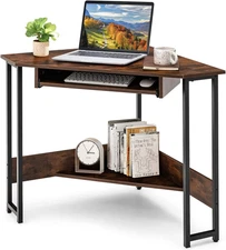 Triangle Computer Desk, Small Corner Writing Table with Power Outlets, Keyboard 