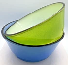 VTG Anchor Hocking Fire King Bowl Milk Glass Blue & Green /Black Rim 5” Set of 2