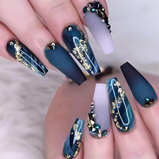 Long Press on Nails Navy Blue Coffin Fake Nails French Marble False Nails with G