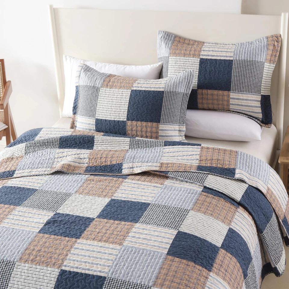 Juego de edredón a cuadros tamaño king, 100 % algodón retazos a cuadros edredón juego de cama camas... Foto 3 de 4