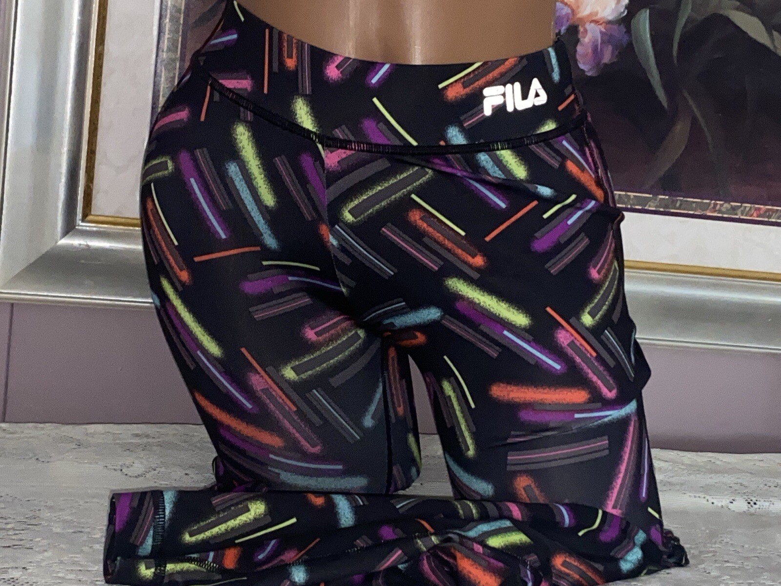 LEGGINGS SPORTIVI VINTAGE NYLON SPANDEX GEO PRINT FILA JOGGING YOGA ATLETICA S34