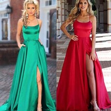 Women's Prom Dresses with Slit Satin Spaghetti Formal Evening Gowns with Pockets
