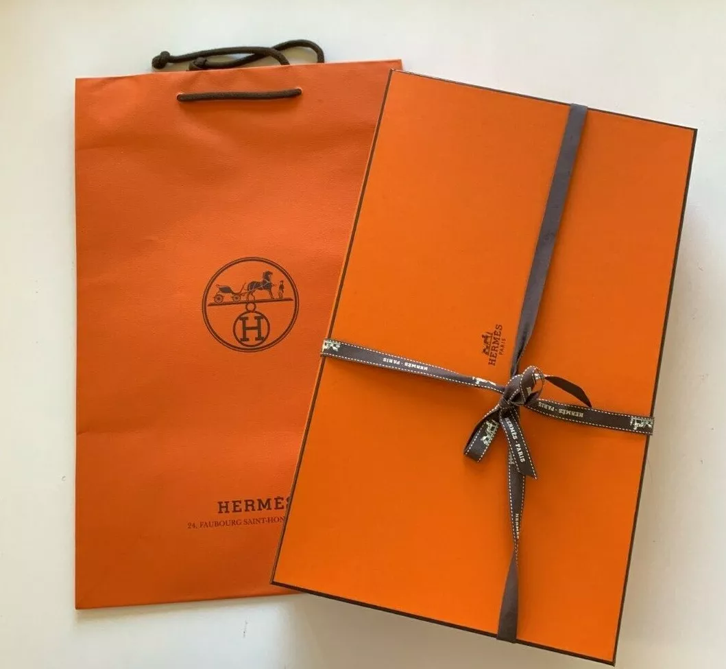 Hermes Authentic Orange Gift Box 15x9x2.5 Shopping Bag 17×11×4 & Ribbon