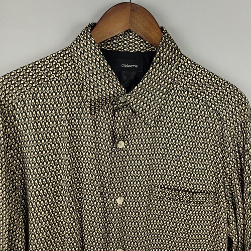 Vintage Claiborne Hemd Herren Large hellbraun 100 % Viskose geometrisch 90er Jahre Y2K adrett - Bild 2 von 13