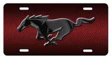 MUSTANG Inspired art on simulated red carbon fiber  aluminum license plate
