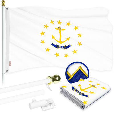 G128 6 Ft Flagpole (White) & Rhode Island No Gold Border Flag 3x5 Ft Embroider