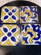 SET 4 Terracotta Gloss 4" tile Mexico Classic cobalt blue yellow mediterranean