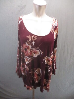 NWT MTS Size L Womens Burgundy Floral Scoop Neck 3/4 Sleeve Flowy Knit Tunic 610