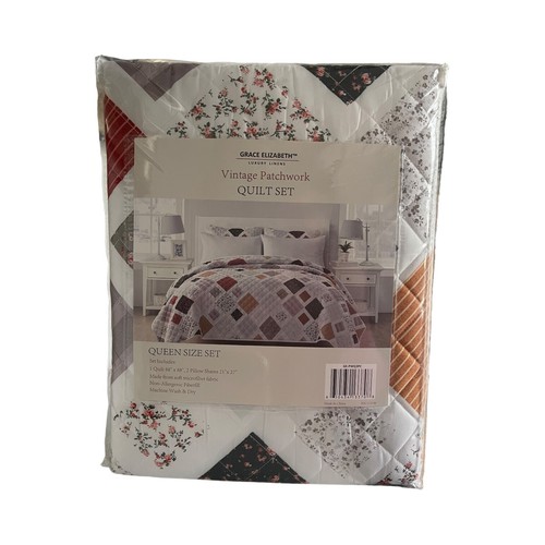 Grace Elizabeth Luxury Linens Vintage Patchwork Queen Size Quilt and 2