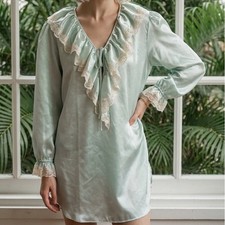 Vintage 80s Sabrina by Mervyn's Mint Green Satin Lace Ruffle Nightgown Coquette