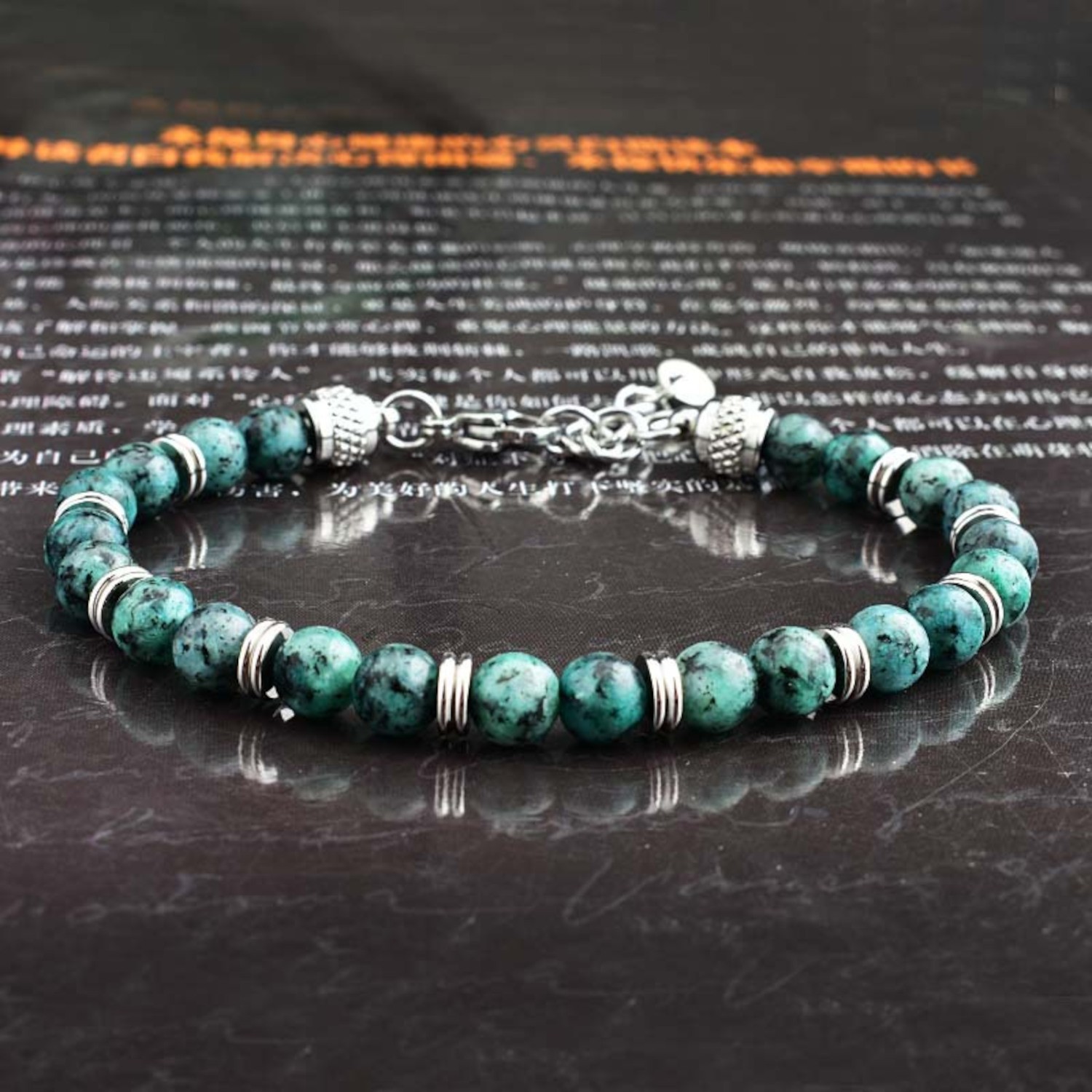 Bracciale a filo acciaio inox pietra naturale TURCHESE AFRICANO 6mm uomo donna