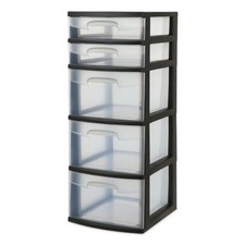Sterilite Plastic 5-Drawer Tower, Black with Clear Drawers, new