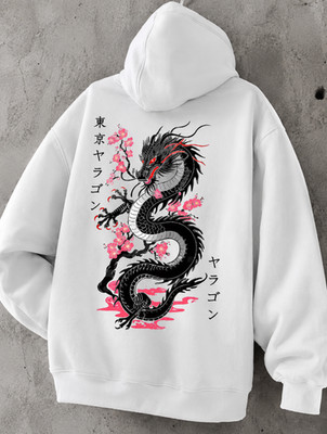 White Hoodie Japanese Dragon Cherry Blossom Element Streetwear