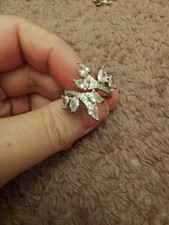 Silver Coloured Metal Ring With Leaf Shapes Of Clear Crystals Adjustable UK Q