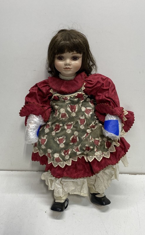 Porcelain Doll 23 Inch Brunette Hair Brown Eyes Red Teddy Bear Dress Vintage