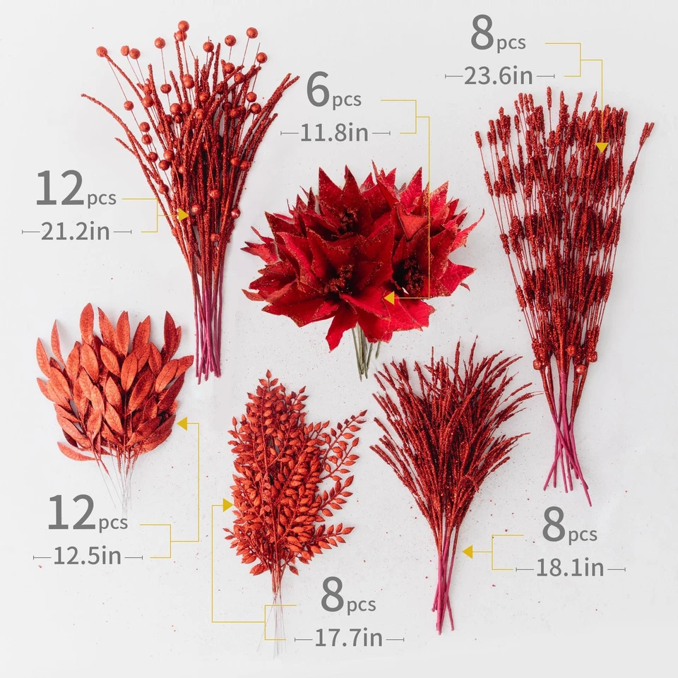 54 Piezas Rojo Brillo Artificial Cedro Ramitas Selecciones Imitación Cedro Ramas Tallos Ch... Foto 2 de 4