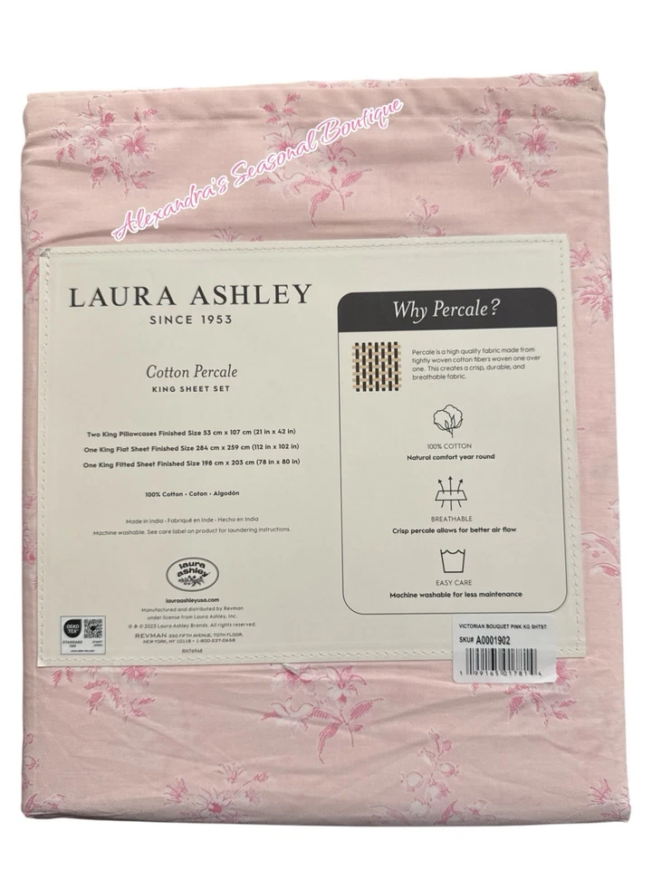 LAURA ASHLEY Victorian Bouquet Pink Floral KING SHEET SET 4P NEW COTTON PERCALE - Image 4 of 4