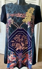 Elfsack Blue Graphic Print Dress Short Sleeve Gold Lace Applique Size 16