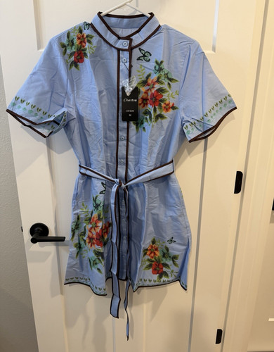 Chartou Women's Blue Floral Collared Short Sleeve Button Belted Romper M