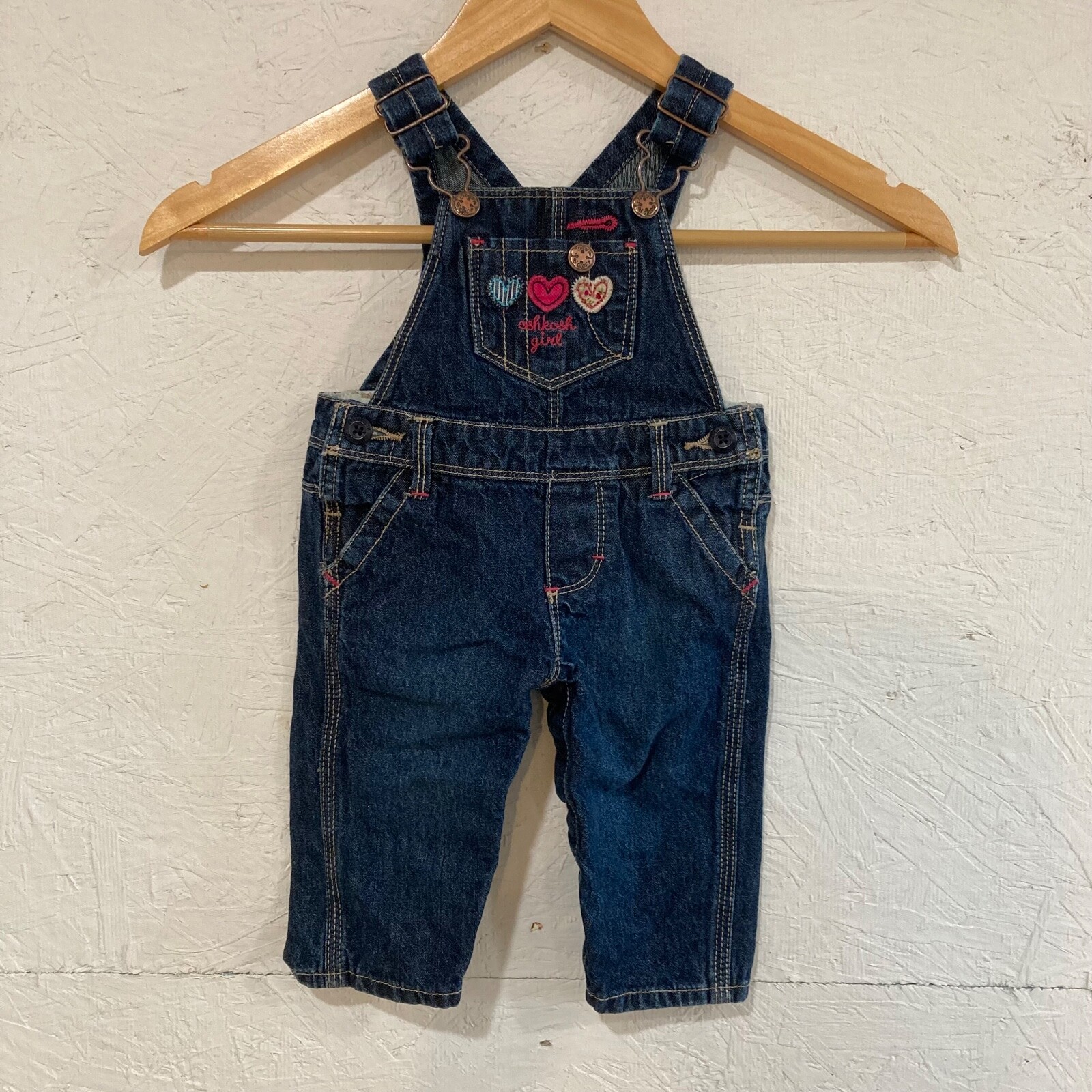 Oshkosh Baby Girl 6 Months Blue Denim Bib Overalls Embroidered Hearts