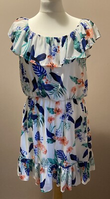 Red Herring Mini Dress Size 14 White Floral Hibiscous Gypsy Frill Tunic BNWT