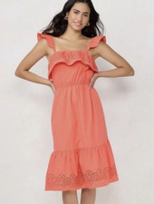 LC Lauren Conrad Dress Womens XS Coral Eyelet Ruffle Tiered Cotton Cottage Core