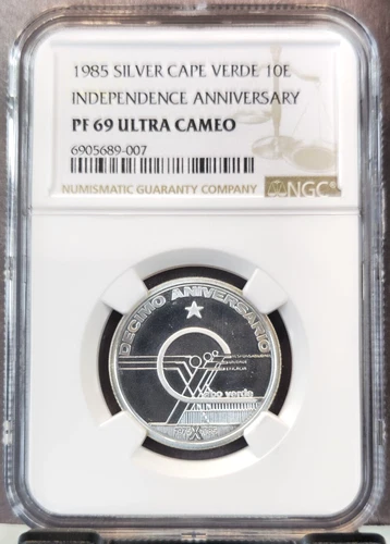 1985 CAPE VERDE SILVER 10 ESCUDOS INDEPENDENCE NGC PF 69 ULTRA CAMEO TOP POP