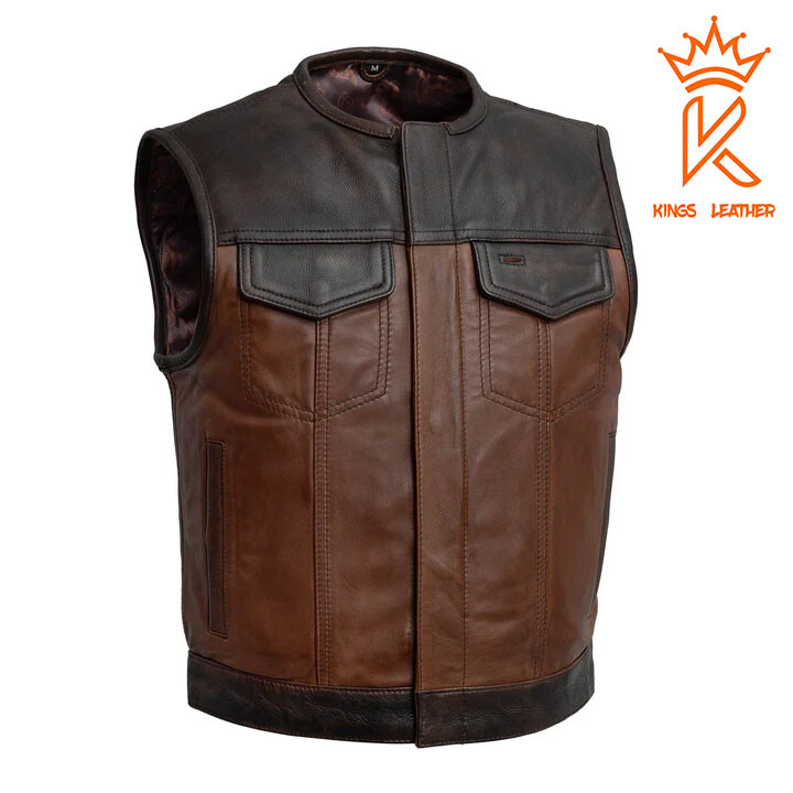 Chaleco de motociclista de cuero marrón/negro para hombre forro de cachemira chaleco personalizado