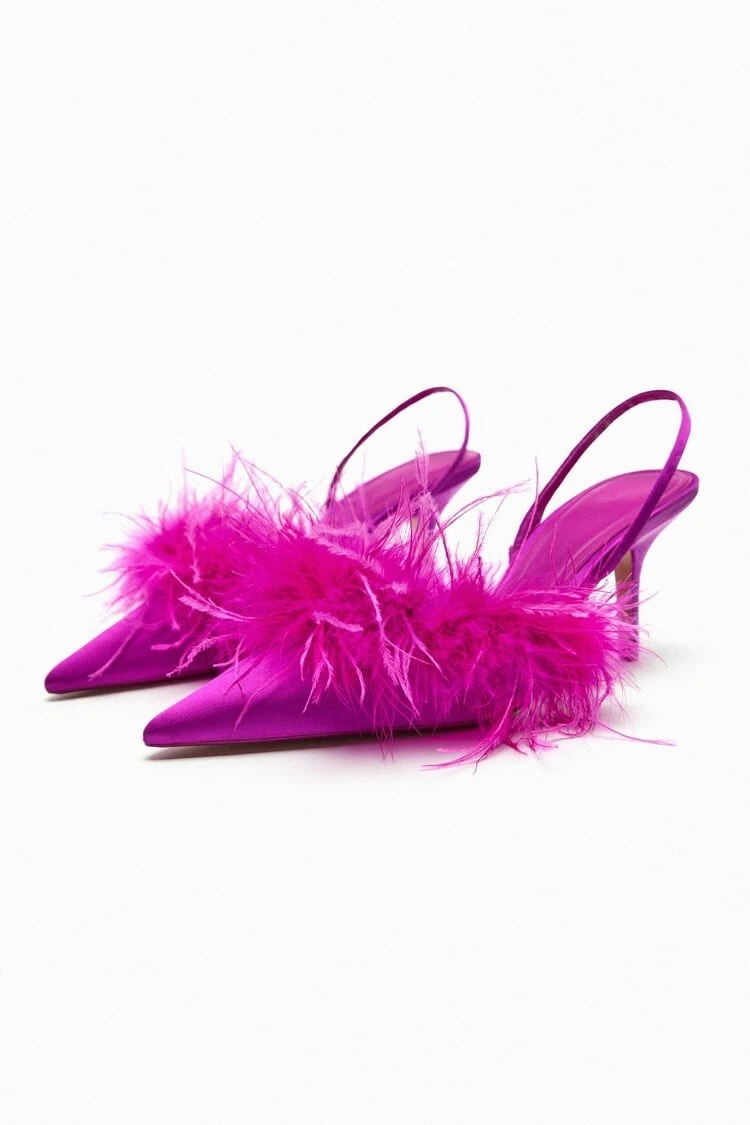 ZARA FEATHERED FABRIC HEELED SHOES Fuchsia Slingback Heels Sz 9