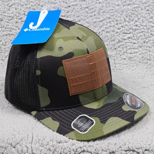 Columbia CAMO Baseball Cap Hat MENS MEDIUM S GREEN BLACK Flex Stretch Flag NEW - Picture 2 of 13