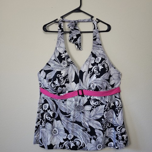 Avenue Swim Womens Black White Floral Halter Neck Built In Bra Tankini Top Sz 24