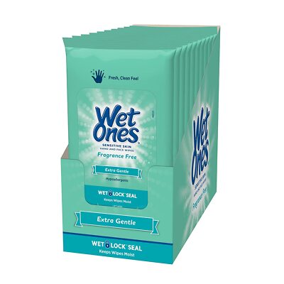 Wet Ones Sensitive Skin Hand & face Wipes Extra Gentle Fragrance Free 20 Packs
