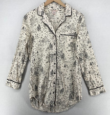 VICTORIA'S SECRET Sleepshirt XS Printed PJ Button Front Long Sleeve Off White