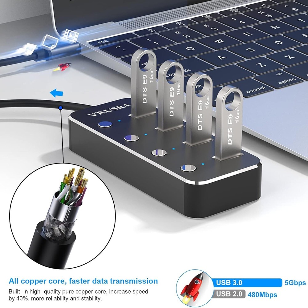4-Port USB 3.0 Hub with 4ft Cable & LED Indicators
