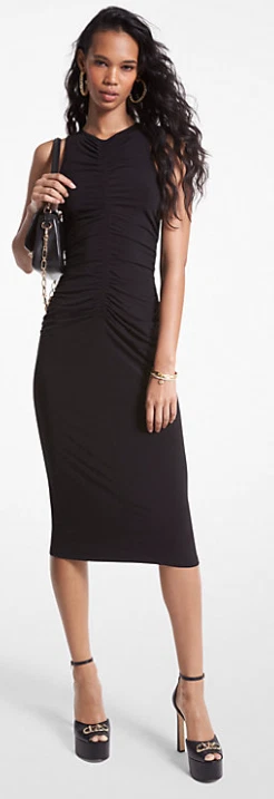 Abito Michael Kors Midi taglia 0X PLUS nero elasticizzato opaco arricciato nuovo con etichette Fu268