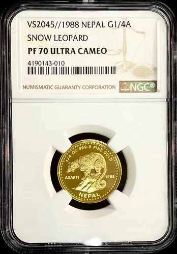 VS 2045//1988 Nepal Shah Dynasty Snow Leopard 1/4 oz Gold Coin NGC PF 70 UC