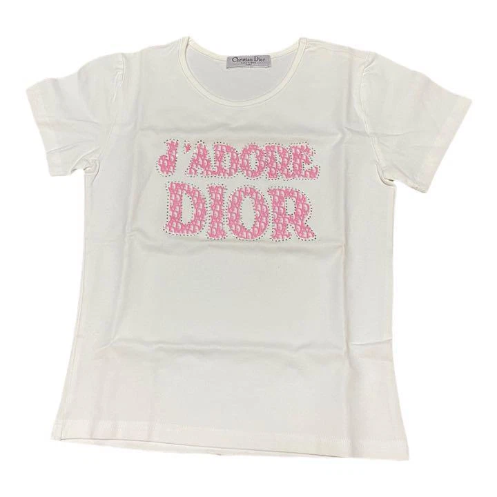 Christian Dior Logo Rhinestone T-Shirt Tops Women White Pink From