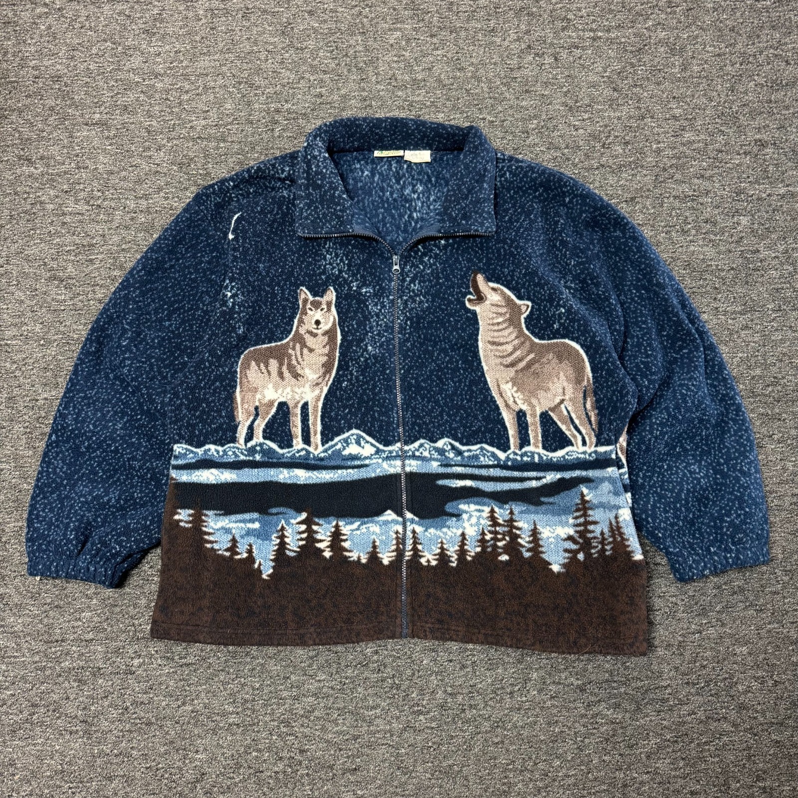 Vintage 90s Wolf Collections ETC Outdoor AOP Fleece Jacket Mens Sz XL Blue