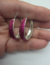 Pink Glitter Enamel Silver Tone Metal Tapered Hoop Pierced Earrings Vintage