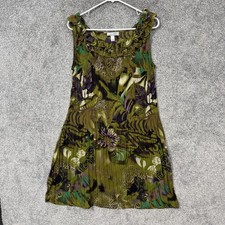 Dressbarn Shift Dress 10 Green Tropical Floral Ruffled Pleated Earthy Lagenlook