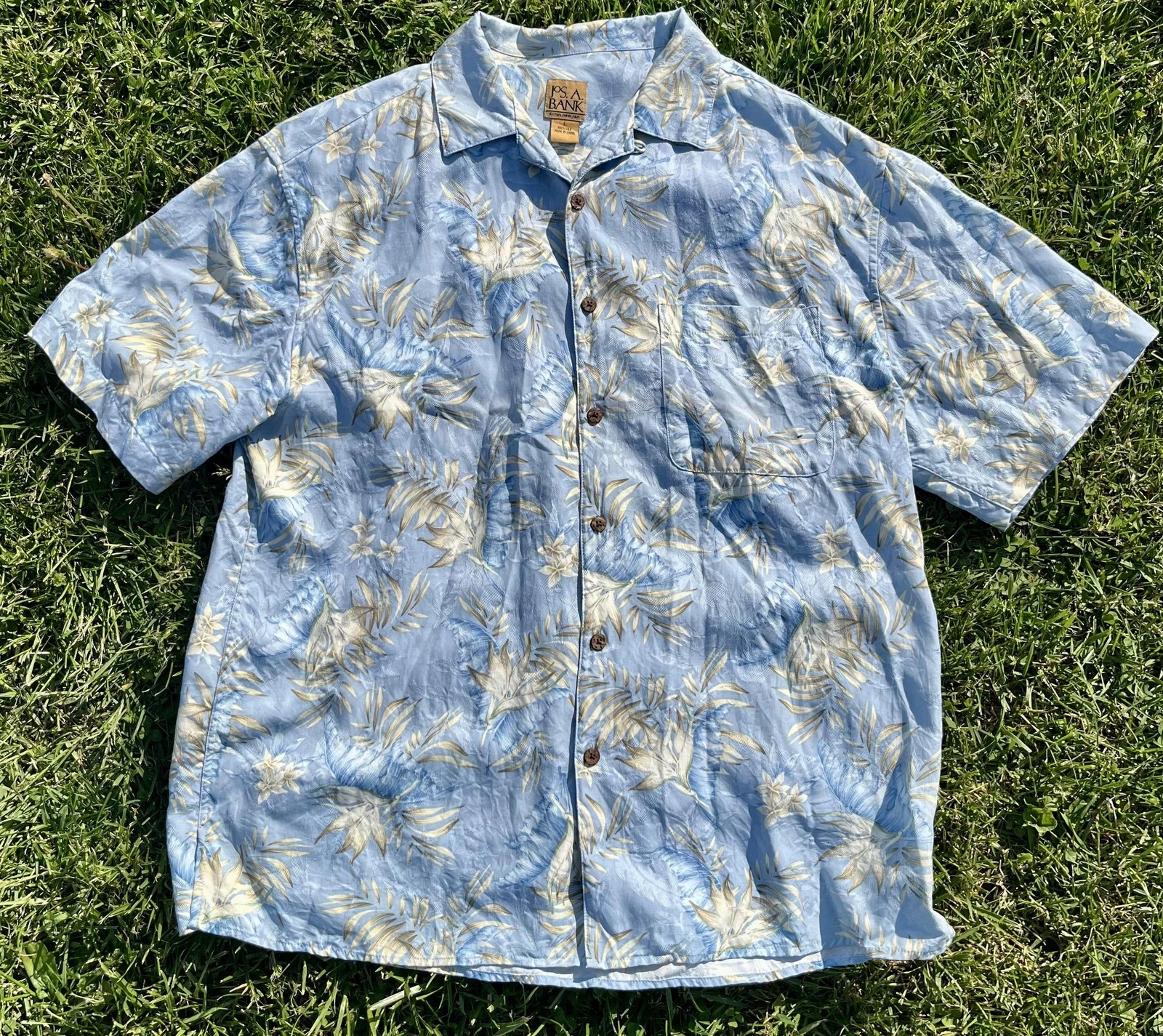 Jos. A. Bank Shirt Mens Large Blue Silk Hawaiian Floral Button Front Casual