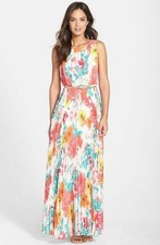 Eliza J Belted Floral Print Chiffon Maxi Dress Sz 4 Flower Print